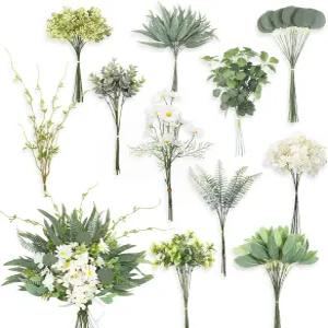 11가지 가짜 그리너리 스템과 유칼립투스 벚꽃이 포함된 Cindeer 125개 인공 박스 세트 DIY 신부 꽃다발