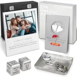 아내 커플을 위한 10주년 기념 주석 선물 결혼 알루미늄 세트 행복한 디어 카드 장식이 있는 최고의 바구니