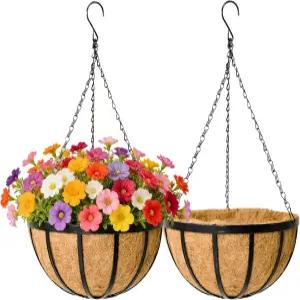 야외 식물을 위한 검은색 평평한 철 금속 걸이 화분 바구니 2팩 12인치 원형 파티오 정원 장식을 꽃바구니