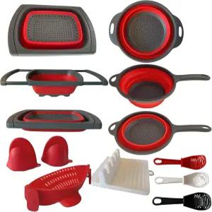 바라바라 실리콘 손잡이가 있는 텔레스코픽 접이식 스트레인저 10개 볼 배수기 클립 레드 스푼 휴식 3국자