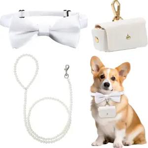 Dvehdbay 3Pcs 개 링 베어러 홀더 키트 - 화이트 펄 비즈 목줄 보우 보타이가 달린 웨딩 칼라 가죽 베개