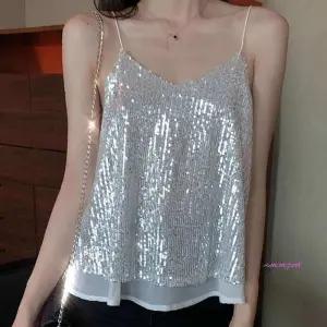 이중나시 스팽글 빤짝이 쉬폰 파티룩 끈나시 티셔츠 홀복 슬리브리스lmn662