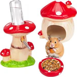 PIRXXII 세라믹 햄스터 케이지 액세서리 버섯 은신처 물병 및 음식 그릇 세트 저빌과 기니피그에 이상적임