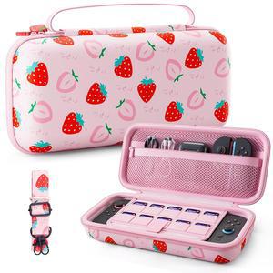 닌텐도 스위치 2(2025) 핑크색 휴대용 케이스 프로텍터, 소녀 스트로베리 2 여행 가방, 10개의 게임 카드 슬롯, 조절 가능한 어깨 스트랩, 귀여운 대용량 액세서리 보관함