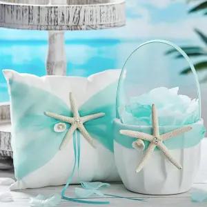 위우데이 비치 웨딩 플라워 걸 바구니 및 링 베어러 베개 세트 300개 포함 로맨틱 파티 결혼식용 선호