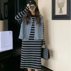 스파이더맨 원피스 스커트 여친 빈티지 가을 캐주얼 스트라이프 긴팔 OPH3