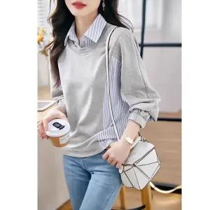 헐크 여성 여친 티 맨투맨 가을 배색 가짜 투피스 KKE3