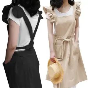 예쁜 코튼 린넨 어깨프릴 원피스 롱 앞치마 클래식 롱앞치마 원피스앞치마 린넨앞치마 면앞치마