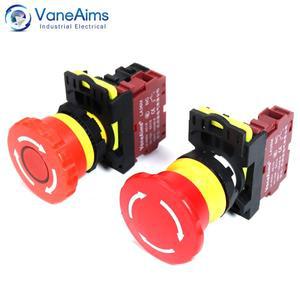 LA36M 비상 정지 버튼 스위치 22mm E-Stop 플라스틱 버섯 푸시 빨간색 LED 조명으로 켜집니다. 220v 12v 24