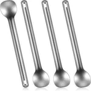 Hoolerry 4피스 캠핑 스푼 롱핸들 티타늄 경량 휴대용 식기 야외 배낭 여행 피크닉용 식기류 실버