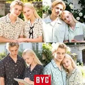 BYC 외 커플 잠옷 세트 90~110 빅사이즈 파자마 바지 반팔 봄 여름 간절기 쿨 냉감 인견 순면 모달 냉장고 남성 여성 체크 하의 큰 남자 여자 주니어 시원한 아이스 쿨링 홈웨어 원피스 귀여운 프릴 성인