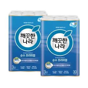 깨끗한나라 천연펄프 3겹 순수 프리미엄, 27m, 30롤, 2개