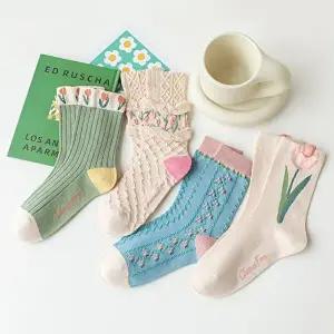 [할인바이할인][4+4] 튤립 꽃자수 플라워 여성양말 (총 8켤레세트)