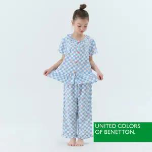 [베네통] 베네통 키즈 체크로고 프릴 파자마세트 블루 BNGPJ5M07T