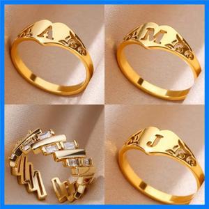여성을위한 패션 할로우 이니셜 편지 하트 반지 골드 컬러 스테인레스 스틸 A-Z 편지 반지 미적 웨딩 쥬얼