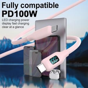 호환 핑크 PD 100W USB C 초고속 충전 케이블 실리콘 LED 디스플레이 화면 포함 아이폰 17/16/15 타입-C 폰