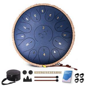 스틸 텅 드럼, 12인치 15노트 C키 타악기, 드럼 망치가 달린 핸드팬 악보 및 캐리백(네이비 블루)