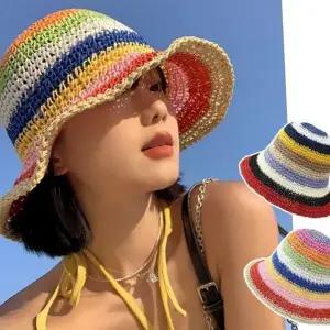 버킷 햇 레인보우 넓은 휴양지 여성 밀짚 모자 바캉스 해변 라탄