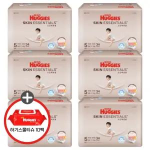 (사은 물티슈) 하기스 2025 스킨에센셜 팬티 5단계 (공용) 34매 6팩 (레드물티슈 10팩)