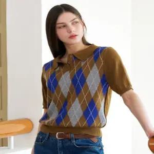 [비엔엑스]아가일 반버튼 카라 반팔 니트 (BY2KP004L0)