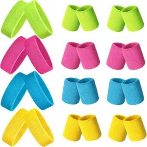 남성용 80년대 네온 스웨트밴드 24종 세트 스포츠 헤드밴드 8종과 손목밴드 포함 엘라스틱 운동 테니스