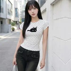 (색상 삐삐캣도트티(화이트))삐삐캣도트티 땡땡이 반팔 고양이 패턴 여름 포인트