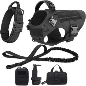와요 대형견 하네스 및 목줄 세트 - 말리노주 저먼 셰퍼드용 칼라가 있는 군용 전술 조끼 중대형견 조절