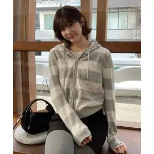 코드그라피 CGP 우먼 스트라이프 니트 후드 집업-오트밀 961103