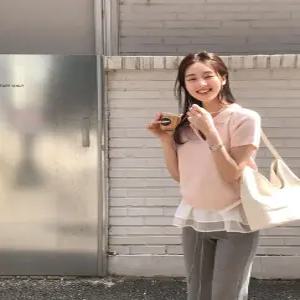 에이르 반팔 카라니트 / 하객룩 레이어드 반팔니트 니트 카라니트 브이넥니트 골지니트 오프숄더 봄 데이트