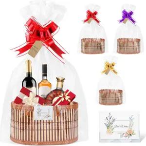 선물용 셀프텍 3팩 바구니 비어 있음 직조 대나무 키트 랩백 기프트 카드 라피아 및 풀 보우 포함 생일