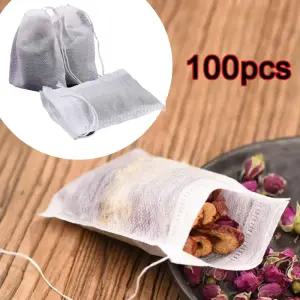 일회용 티백 부직포 원단 차 필터 백 향신료 인퓨저 허브 루즈 티용 드로우 스트링 페이퍼 포함 100 개