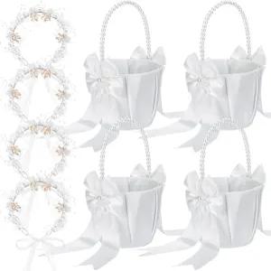 헤드피스가 있는 웨딩 플라워 걸 바스켓 4종 세트 진주 손잡이 리본 활 크라운 프린세스 크리스탈 펄 헤어