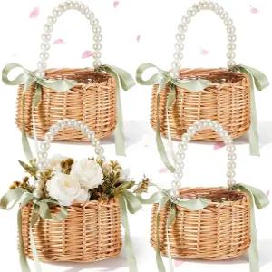 손잡이가 달린 테일러 4개 플라워 걸 바구니 7.87 x 4.33 인치 위커 라탄 경량 브라운(그린 리본 펄)