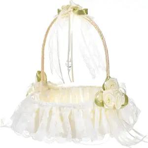 일반 대형 웨딩 플라워 소녀 바구니 라인스톤 새틴 로즈 레이스 대나무 직조 꽃 스윙 핸들 크림색 결혼식