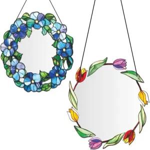 JUNOR 2피스 셀프 접착 아크릴 원형 거울 타일 걸이 장식용 스테인드 나팔 영광 화환 홈 스쿨 오피스