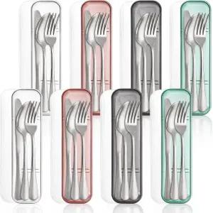 케이스 포함 Nicunom 8팩 휴대용 식기 세트 프리미엄 스테인리스 스틸 여행용 실버웨어 재사용 가능한