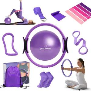 13인치 매직 서클 필라테스 링과 5개의 저항 밴드 에센셜 키트가 포함된 가정용 운동용 퀄레저 여성 전신