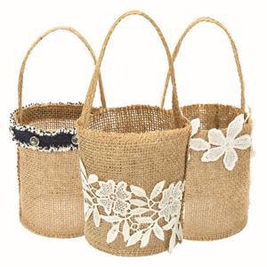 결혼식 레이스 삼베 꽃 바구니, 린넨 손잡이, 빈티지 소박한 새틴