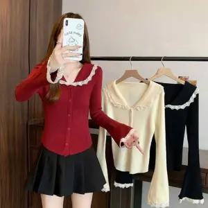 레이스 포인트 여성 슬림핏 골지 카라 가디건