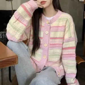 파스텔 스트라이프 배색 여성 라운드넥 긴팔 가디건