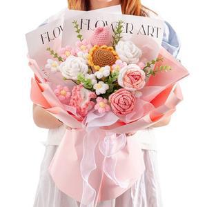 뜨개 꽃다발 완성품 수제 3송이 선물 니트 장미 손뜨개 기념일 블루