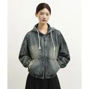 EUGGEN 2WAY 세미 크롭 페이디드 후드 집업_데님 더스트 인디고