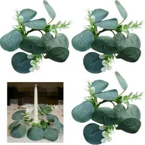 4 PCS 인조 유칼립투스 테이퍼 양초 링 화환 1.38인치 미니 봄 여름 녹지 홀더 그린 테이블 중앙 조각 교회