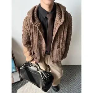 남성 니트 가을 빈티지 꽈배기 카디건 후드 커플 단추 집업 BE3