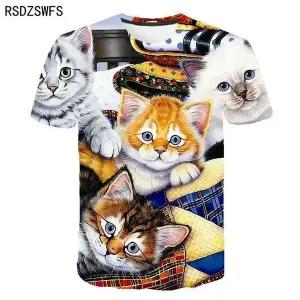 오버핏 반팔 셔츠 루즈핏 와이드 박시 3D 프린트 귀엽고 고양이 티셔츠 남자 남성 재미있는 동물 패턴 풀오
