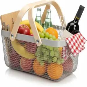 와이어 메쉬 수납 바스켓 우드 핸들 가든 수확 바구니 주방 피크닉 팬트리 정리함 다용도 과일 보관함