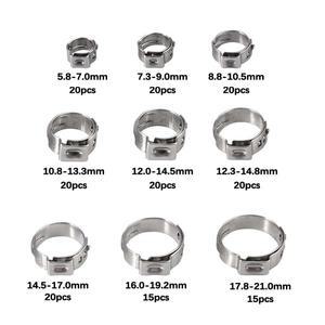 180Pcs 304 스테인레스 스틸 단일 귀 호스 클램프 5.3-21mm 압착 모듬 키트 자동차, 가전 라인