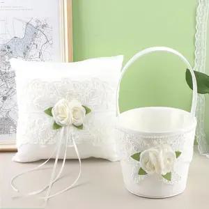로맨틱한 결혼식 파티 장식을 위한 유다 로즈 레이스 플라워 포켓 링 베어러 베개 쿠션 및 걸 바구니 세트
