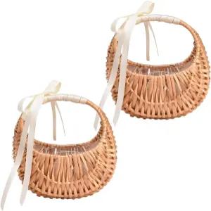 손잡이와 리본이 달린 작은 하프 문 위커 바구니 결혼식 꽃 소녀 빨대 파티 장식용 버드나무 직조 보관함