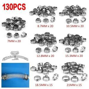 130pcs 단일 귀 무단 호스 클램프 5.8-21mm 304 스테인레스 스틸 신치 링 또는 1PC 클립 플라이어